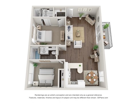 Floor plan for 2 beds, 2 baths, 744 sqft